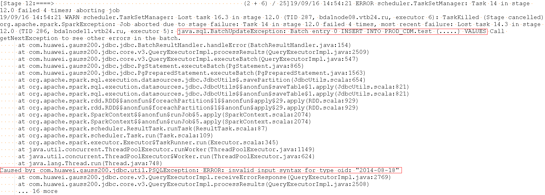 GaussDB(DWS)迁移 -数据迁移 - 使用Spark的scala接口往GaussDB(DWS)导入数据失败分析